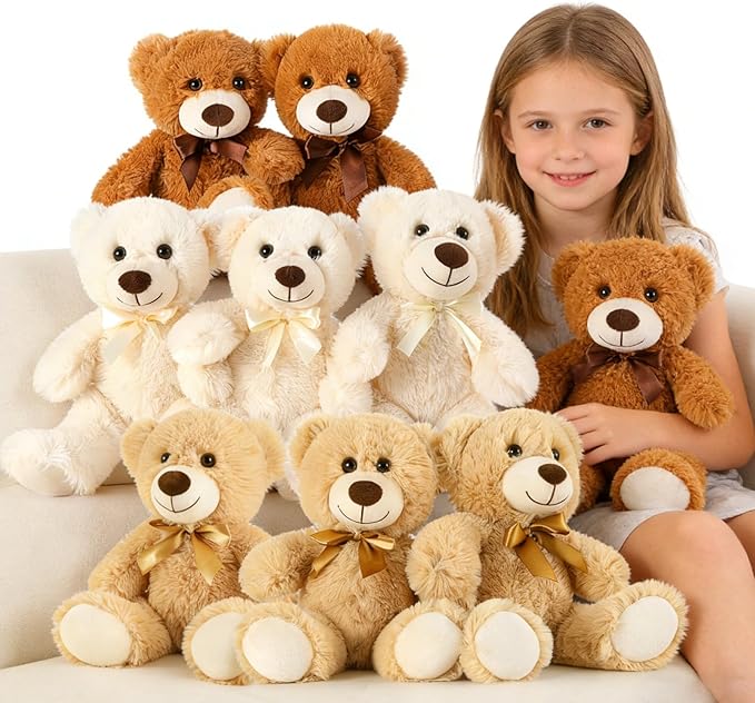 MaoGoLan Bulk Teddy Bears, 9 Packs Bulk Stuffed Animals, Small 13.8 Inch Plush Teddy Bear Toys Gift for Boys Girls Birthday Party (White/Brown/Dark Brown)