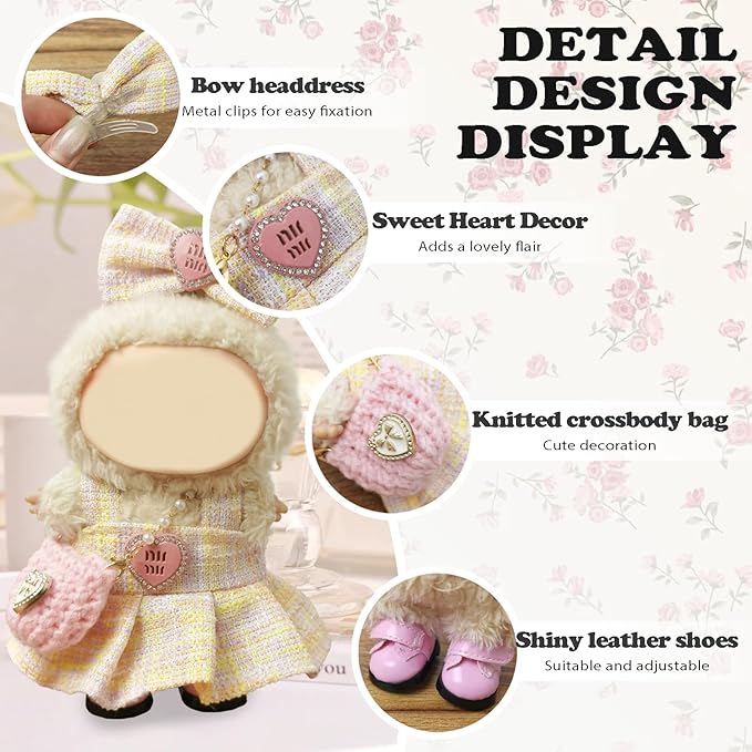 Clothes Compatible with Labubu Doll - 4PCS Classic Set, 17cm Doll Clothes Designer Outfit for Chic Daily Style, Cute Stylish Accessories, No Doll (Blush Tweed Chic)