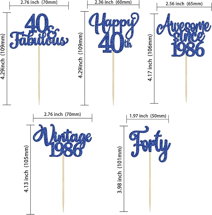 Ephlyn 30Pcs Happy 40th Birthday Cupcake Toppers Glitter Forty Vintage 1986 Cupcake Picks Cheers to 40 Fabulous Cake Decorations for 40th Birthday Wedding Anniversary Party Supplies Dark Blue