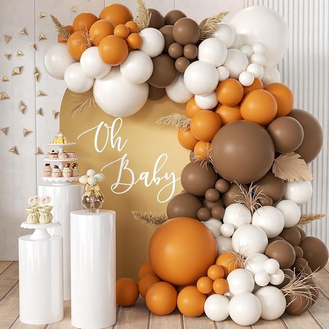 Fall Thanksgiving Balloon Arch Kit, 155 Pcs Boho Brown Orange White Balloons Garland for Baby Shower Autumn Birthday Party Decorations