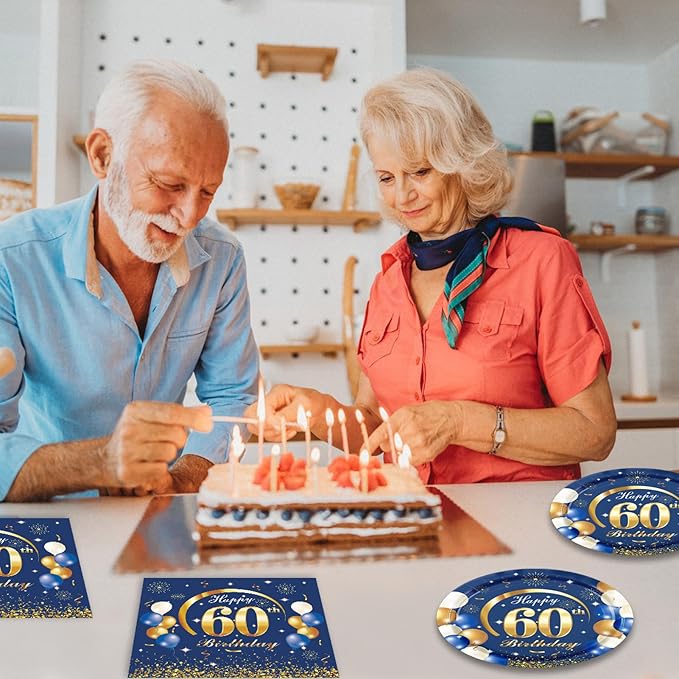 40PCS 60 Birthday Decorations for Men Navy Blue and Gold 60th Birthday Party Disposable Dinnerware Set Plates, Paper Napkins Party Supplies for Men Cheers to 60 Years