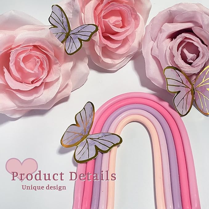 52Pcs Rainbow Cake Topper Butterflies Cake Decorations with Colorful Balls Flower Cake Toppers for Women Girls Kids Birthday Baby Shower Wedding Rainbow Flower Butterfly Themed Party Supplies