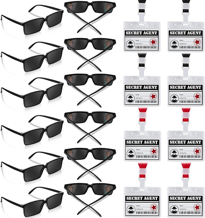 Umigy 24 Pcs Secret Agent Name Tags and See Behind You Sunglasses Secret Agent Badge Rear View Mirror Sunglasses Detective Glasses for Escape Room Party Favors Detective Party Supplies