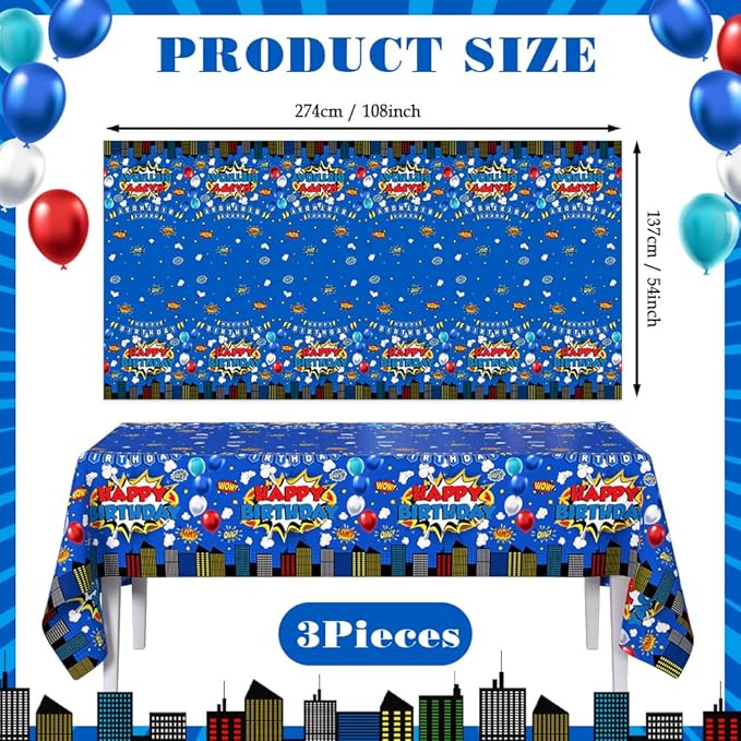 3 Pieces Blue Superhero Birthday Tablecloth for Boy or Girl Super Hero Birthday Party Decorations Supplies Blue Superhero Plastic Table Cloth Disposable Table Covers 108 x 54 Inch