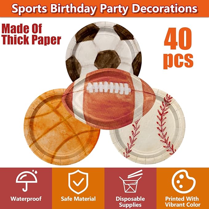 Sports Birthday Party Decorations 40Pcs Sports Party Plates Football Soccer Basketball Baseball Paper Plates for Sports Theme Party Supplies