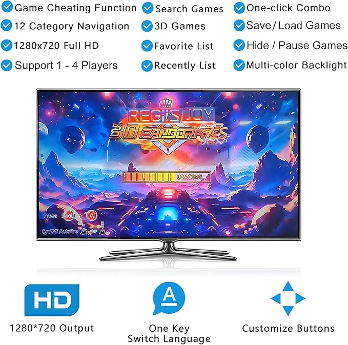 RegiisJoy 32000 in 1 Pandoras Box 78S Retro Arcade Game Console, 4 Player 3D Magical Modified Game, Search Save Delete Cheat Function, Favorite List, One-Button Combo, 128G TF, 12-Grid Classification