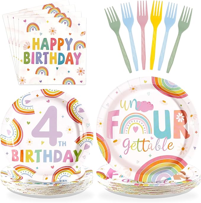 96Pcs Boho Rainbow 4th Birthday Decorations Pastel Rainbow Birthday Plates and Napkins Colorful Un Four Gettable Decoration Favors for Kids Girls 4 Years Old Bday Princess Party Supplies Serves 24