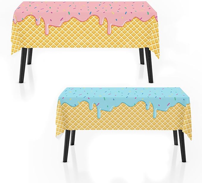2 Pack Ice Cream Tablecloth for Party Supplies, 108x54 Inch Sweet Dessert Theme Disposable Plastic Table Cover for Kids Birthday, Summer Party Decor for Girls and Boys