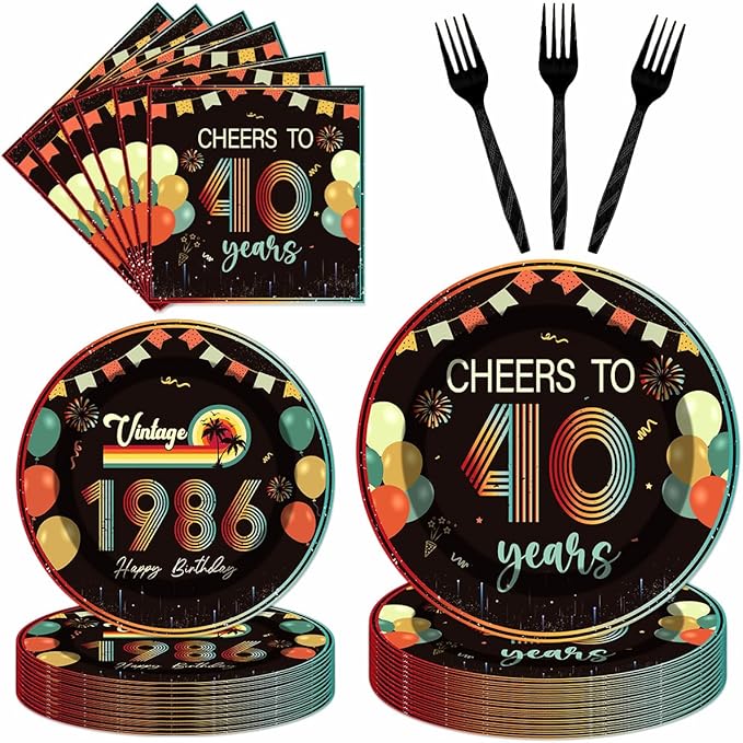 96Pcs Vintage 40th Birthday Decorations Tableware Set Back in 1986 Paper Plates Napkins Forks Cheers to 40 Years Disposable Tableware Decor for Women Men 40th Birthday Party Favor Serve 24 Guests