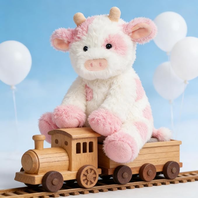 Hopearl Adorable Plush Cow Toy Floppy Dairy Cattle Soft Stuffed Animal Cute Birthday Gifts for Boys Girls Kids Toddlers, Pink, 9''