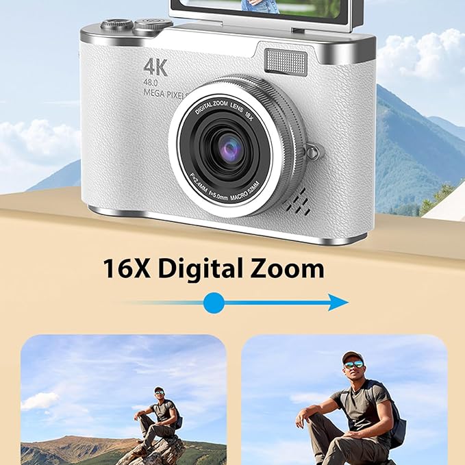 Denash Foldable Screen Kids and Beginners Camera,4K Digital Camera for Photography,48MP Digital Foldable Support 16X Zoom with Flip Scree (White)