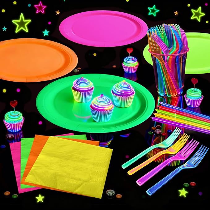 Glow Party Supplies Plates Set for 20 Guests, Including Multi-color Tablecloth, Forks, Napkins and Plates for Glow Birthday Decorations Neon Party Decorations