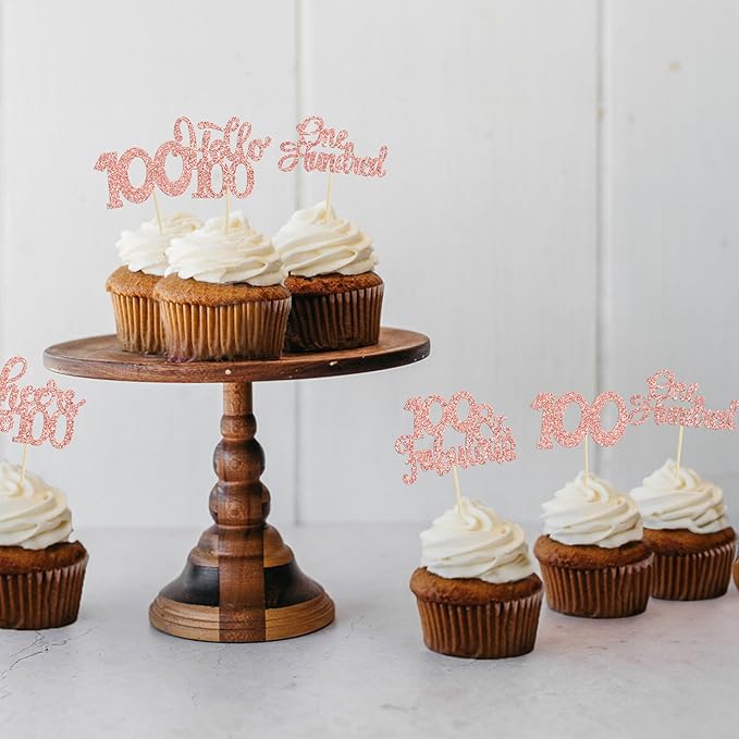 30pcs Happy 100th Birthday Cupcake Toppers - Rose Gold Glitter One Hundred Cheers to 100 Years Old Cupcake Picks for Anniversary Party Cake Decorations