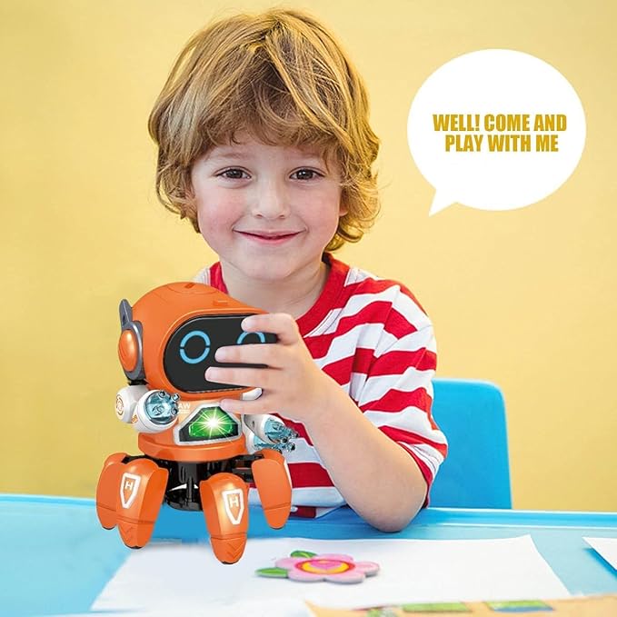 Remote Control Dancing Robot Toy with LED Lights and Music, Orange Electronic Interactive STEM Educational Gift for Kids 6-9 Years