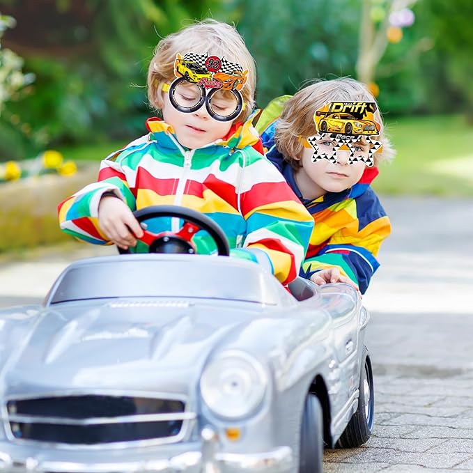 32 Pack Race Car Party Favors for Boys - Racing Paper Glasses Frames Checkered Flag Eyeglasses for Kids Birthday Party Supplies, Baby Shower Photo Booth Props, Racing Theme Goody Bag Fillers