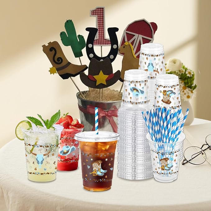 50 Pcs Western Cowboy Plastic Cups with Lids and Straws, 12 oz Blue Cowboy Party Cup Clear Disposable Cowboys Cups for Western Cowboy Baby Shower Birthday Party Supplies
