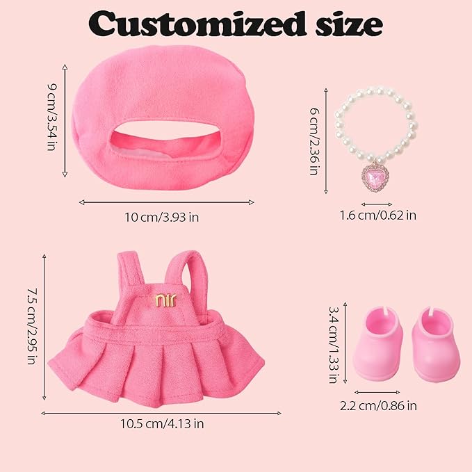 Clothes Compatible with LABUBU – Blue & White Tweed Dress with Bow, Bracelet & Shoes | 4PCS Couture-Inspired Outfit for 8-Inch Dolls (Rosy Macaron)