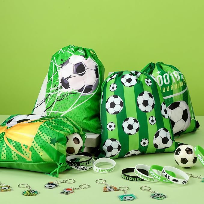 Talltalk 48 Pcs Soccer Party Favors Gifts Sets Kids Soccer Team Gifts 16 Sets Green Drawstring Backpack Goodie Bags Stuffers Candy Snack Bag Wristband Keychains for Sport Birthday Party Supplies Decor