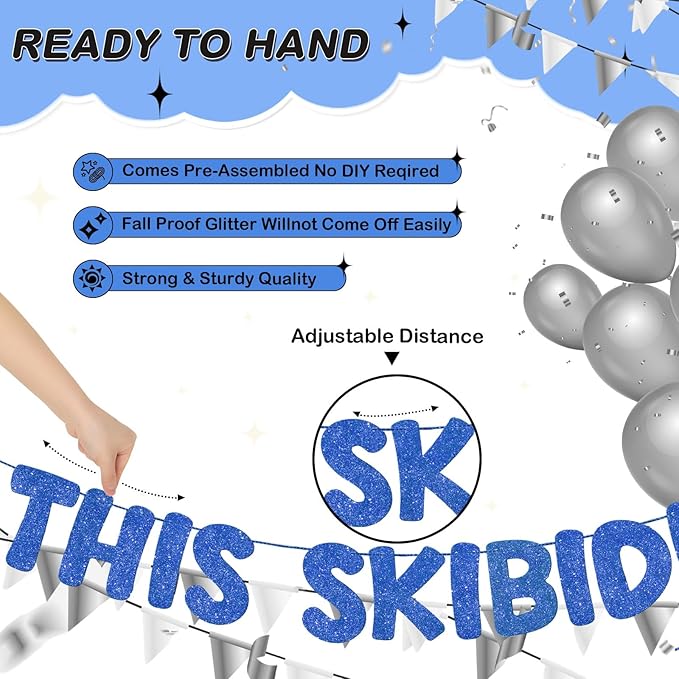 Fulmoon Pre Strung This Skibidi Rizzler Is 16 No Cap Glitter Banner 16th Birthday Party Decorations, Funny Birthday Sign, Party Supplies, Ideas, Gifts, Dark Blue