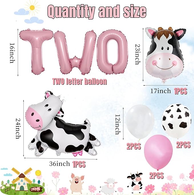 19 PCS Farm Animal Theme Party Balloons, Farm Cow Print Sheep Pig Donkey Mylar Foil Balloons Baby Shower Boy Girl 2nd Birthday Party Decor Supplies (2nd)