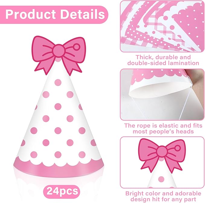 24pcs Pink Cat Party Hats Bow Birthday Party Supplies Cartoon Cute Cone Hats Pink Cat Stripe Dot Paper Hat with Elastic String for Girls Baby Shower Bridal Shower Decorations