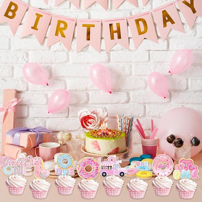 24 PCS Donut Sweet One Birthday Party Decorations, Donut Party Cupcake Topper Decorations for Girls 1st Birthday Party Baby Shower Supplies