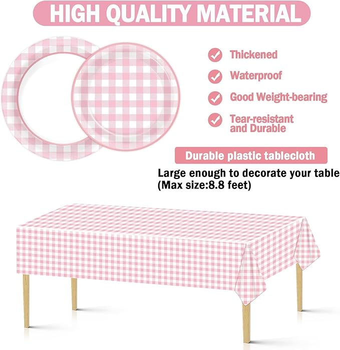98 Pieces Pink checkered Party Supplies for 24 Guests Pink and White Checkered Tableware Set Plaid Plates Napkins Tablecloth Party Decorations for Birthday Barbecue Picnic Dinner Favors