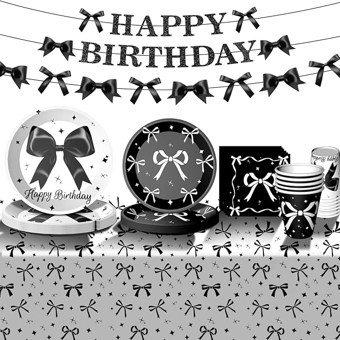 Black Bow Birthday Party Supplies Girl Coquette Birthday Party Decorations Includes Black Bow Plates Napkins Cups Tablecloth Banner for Bow Theme Party Decorations, Serve 24