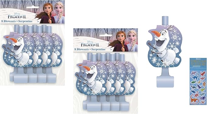 Unique Frozen Birthday Party Supplies Bundle includes 16 Party Blowouts and 1 Dinosaur Sticker Sheet