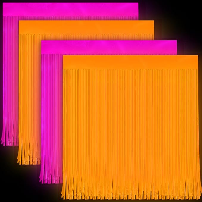 4 Pack Glow in The Dark Curtains Party Supplies 6.6 x 3.3 Ft Glow Tinsel Foil Fringe Curtains Orange Purple Photo Booth Prop Backdrop Streamer for Halloween Holiday Neon Party Decorations