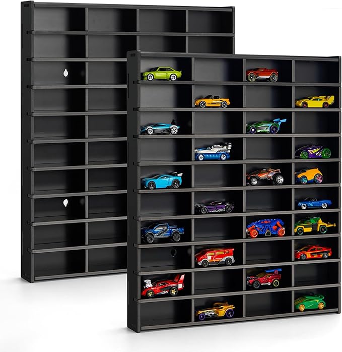 2 Pack Toy Car Display Shelf, Holds 80 Diecast 1/64 Toy Cars, Wall Mount Model Car Storage Organize Case, Black