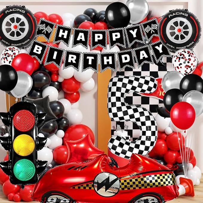 Race Car Birthday Party Decorations, with 40 Inch Number 5 Balloon, Happy Birthday Banner, Traffic Light and Foil Tire Balloon for 5th Car Themed Birthday Party Supplies
