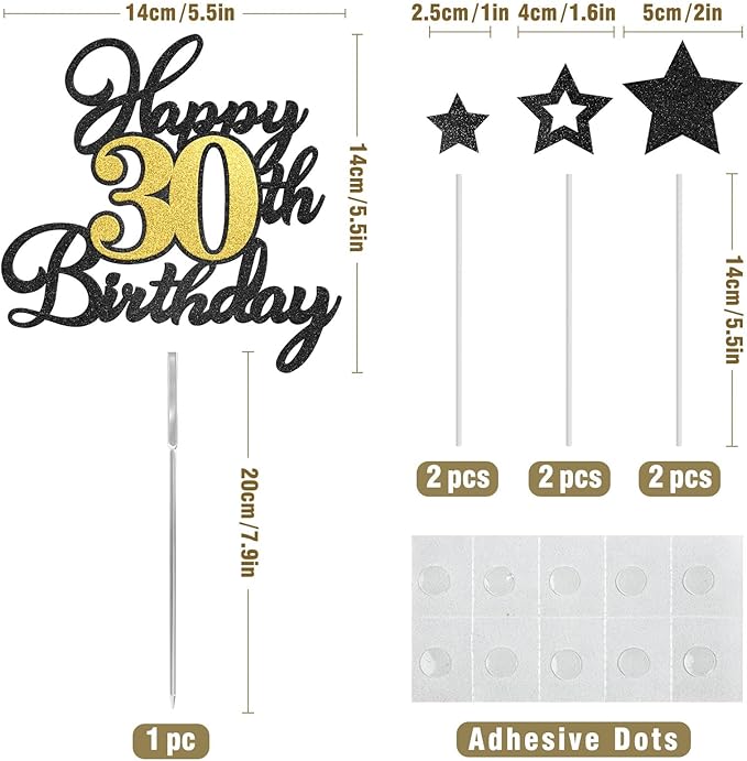 Happy 30th Birthday Cake Toppers, Black Gold Glitter Cake Decorations Set, 30th Birthday Decor for Him Her, Birthday Anniversary Party Decorations Supplies