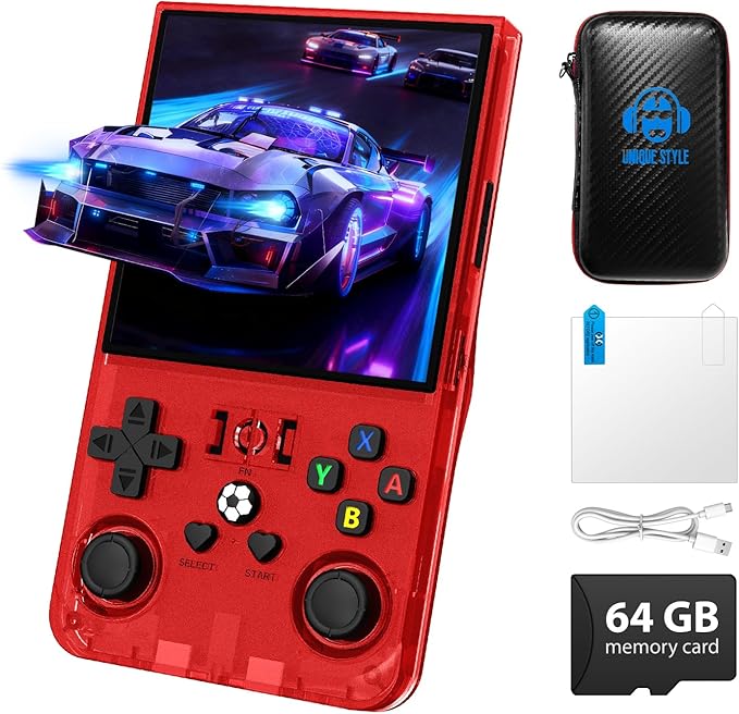 R36MAX Handheld Game Console, Retro Gaming Console with 4000mAh Battery 4.0”IPS Screen, Open Source Linux System, with 64GB TF Card Portable Video Gaming Console, Transparent Ruby