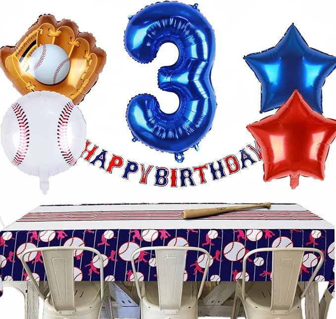 Baseball Balloons 3rd Birthday Decorations for Boys | Baseball Birthday Decoration Sports Theme Party Supplies, 32Inch Foil Mylar Number 3 Balloon Navy Blue Red White Sports Balloon Arch Kits