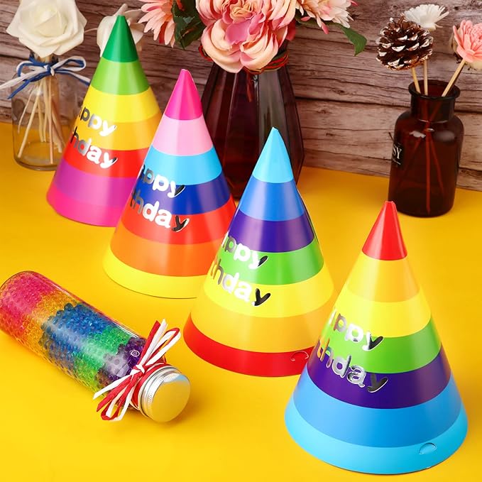 Geyoga 100 Pieces Rainbow Birthday Party Hats for Kids and Adults Colorful Paper Cone Hats Bulk Party Supplies