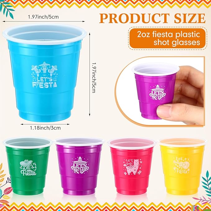 Pickmesh 100 Pcs Mexican Party Decorations 2 oz Shot Cups Cinco De Mayo Fiesta Mini Cups for Fiesta Taco Party Decorations Birthday Taste Serving Supplies, 6 Colors