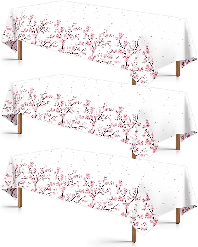 3Pcs Cherry Blossom Tablecloth Pink Floral Plastic Table Cover Waterproof Japanese Sakura Disposable Table Cloth for Baby Shower Woman Birthday Bridal Shower Wedding Party Decorations, 54 x 108 Inch