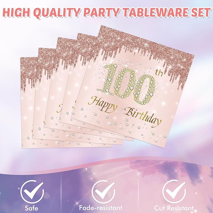 41PCS 100th Birthday Decorations Rose Gold 100th Party Disposable Tableware Set Include 100 Year Old Birthday Plates and Napkins, Plastic Tablecloth For 100 Year Old Gifts Women