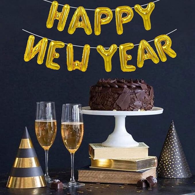 TONIFUL Gold Happy New Year Balloons 16 Inches Mylar Foil Letter Sign Banner balloon For 2025 New Years Eve Party Anniversary Decor Home Party Decorations