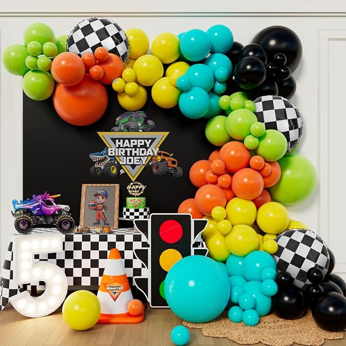 Black Green Orange Balloon Arch kit for Boys Hot Wheels Birthday Tots and Trucks Baby Shower Race Car Two Fast Monster Truck Party Decorations (Green Blue Orange)