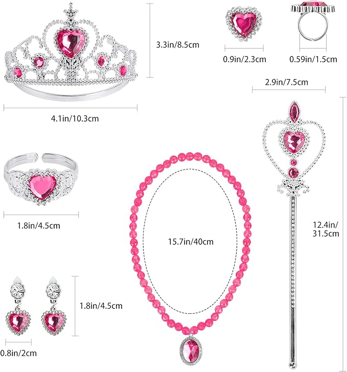 Princess Dress Up Party Accessories for Princess Costume Gloves Tiara Wand Necklace Earrings Bracelet and Ring Gift Set 9pcs (Rose, Set of 7, 9pcs)