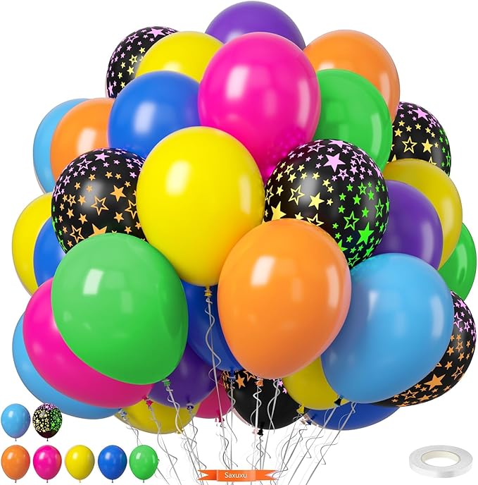Neon Balloons, 12 Inch Yellow Orange Hot Pink Dark Blue Purple Lime Green Neon Star-Shaped Rainbow Balloons for Boy Girl Clorful Birthday Bright Party Decoration Baby Shower Summer Pool Tropical Decor