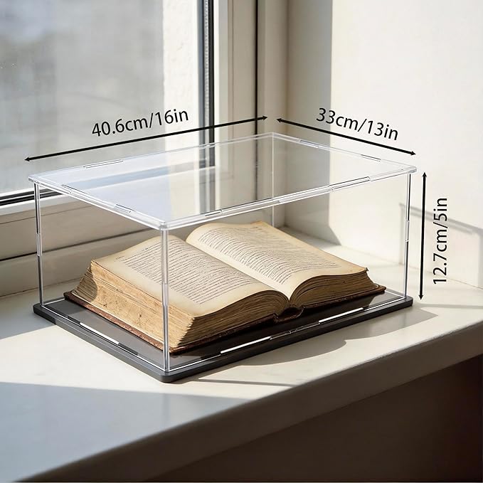 SVENJBB Large Display Case for Books and Medals, 16x13x5 Inch Acrylic Box for Stamp and Cards, Clear Acrylic Display Cases with Matte Black Base for Collection Protection and Storage