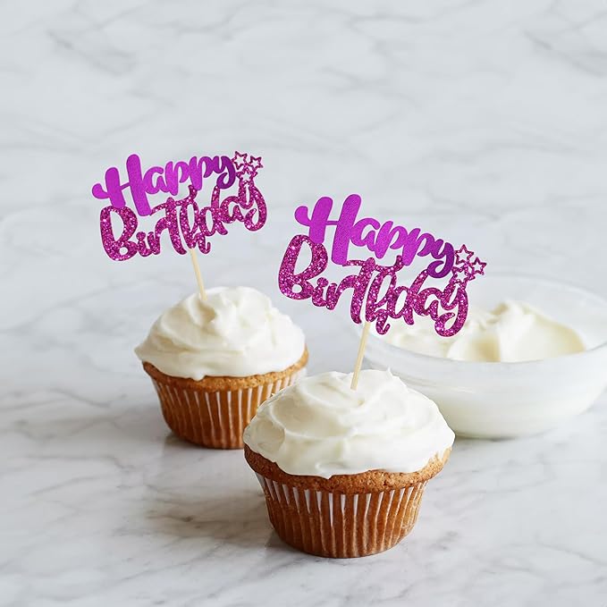 Ephlyn 24Pcs Happy Birthday Cupcake Toppers Double Layer Glitter Happy Birthday Cake Decorations for Celebrating Baby Shower Theme Kids Boys Girls Anniversary Party Decorations Supplies Purple