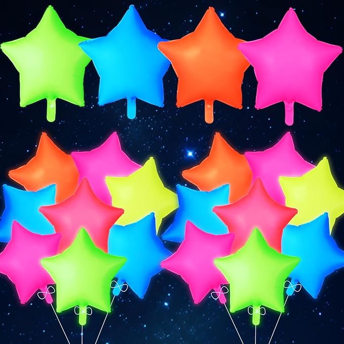 12Pcs Glow in The Dark Party Supply Neon Star Balloons Kit Star Shaped Neon Foil Balloons Blacklight Reactive Balloon for Arche Garland UV Blacklight Birthday Wedding Anniversary Graduation Party