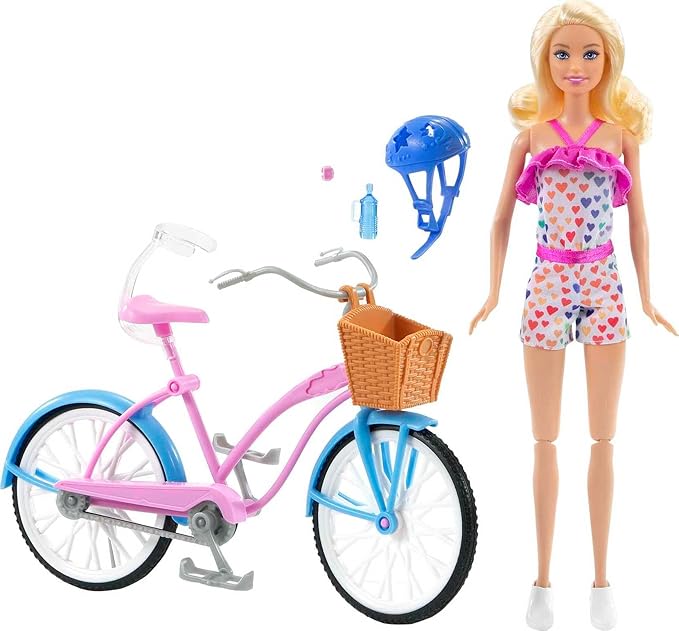 Barbie Doll and Bike Playset with Doll (11.5 in, Blonde), Bicycle with Rolling Wheels & Water Bottle Accessory, Gift for 3 to 7 Year Olds