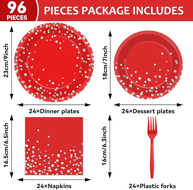 gisgfim 96Pcs Red and Silver Party Paper Plates and Napkins Party Supplies Silver Dot on Red Birthday Tableware Glitter Decoration Favors for Birthday Baby Shower Serves 24