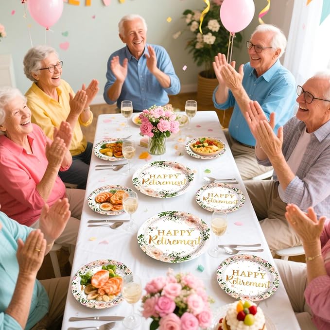 96Pcs Wildflower Retirement Party Decorations for Women Pink Gold Floral Teacher Retirement Plates and Napkins Sets Lady's Retired Decoration Favor for Goodbye Going Away Just Retired Party Serve 24
