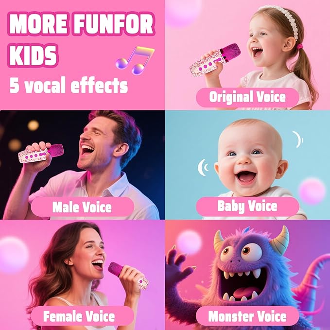 Karaoke Machine for Kids, Birthday Gifts for 3 4 5 6 7 8 9 10 11 Year Old Girl Boy, Portable Speaker with Colorful LED Lights and 2 Mics, Toys for Ages 3-12 (Pink-1)